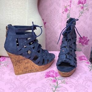 🌹 Guess 🌹 Blue Faux Suede Lace Up Platform Wedge Sandals 8M